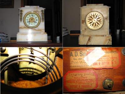 Front, bottom, back and inside of clock